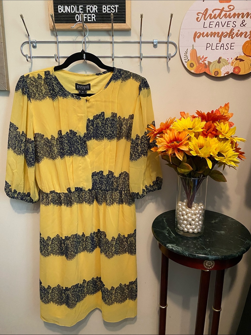 Enfocus Studio Yellow Dress with Faux Black Lace Stripe Accents Size 8
